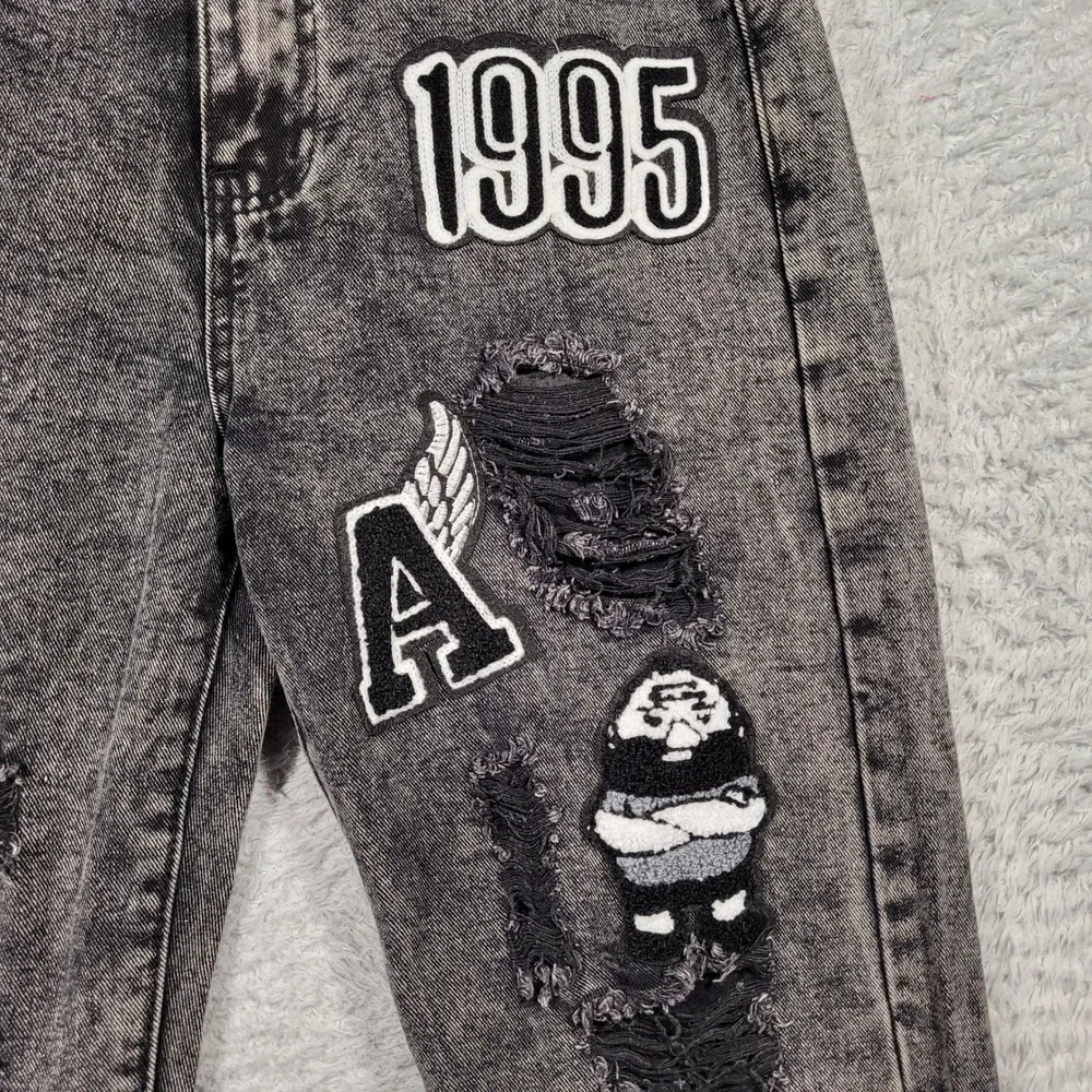 Distressed Patch Jeans Mens 28 Gray Acid Wash Graphic Tapered Denim 30x30‎
